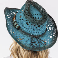 Turquoise stained open weave beaded cowboy hat with intricate weave beaded design