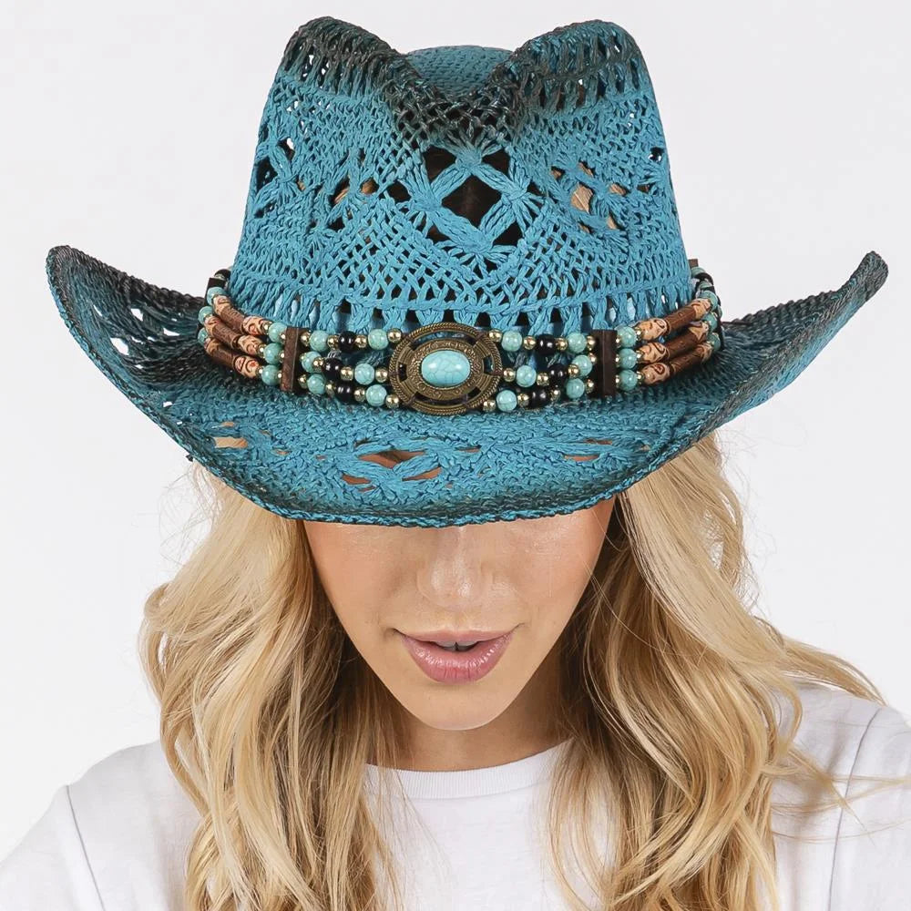 Turquoise stained open weave beaded cowboy hat displaying intricate craftsmanship