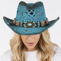 Turquoise stained open weave beaded cowboy hat displaying intricate craftsmanship
