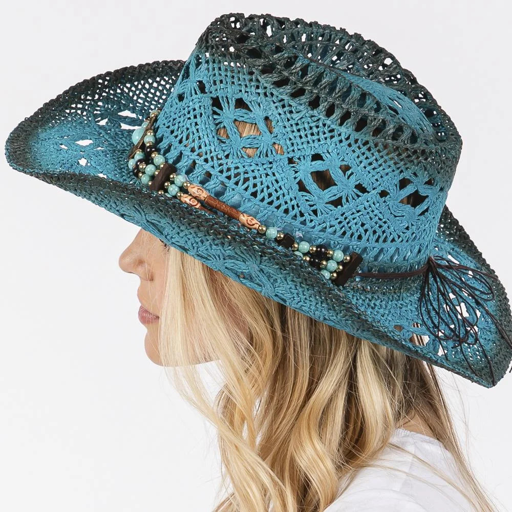 Turquoise stained open weave beaded cowboy hat with intricate woven design