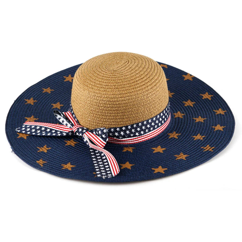 Patriotic straw sun hat with stripe natural fiber design, natural fiber woven sun accessory