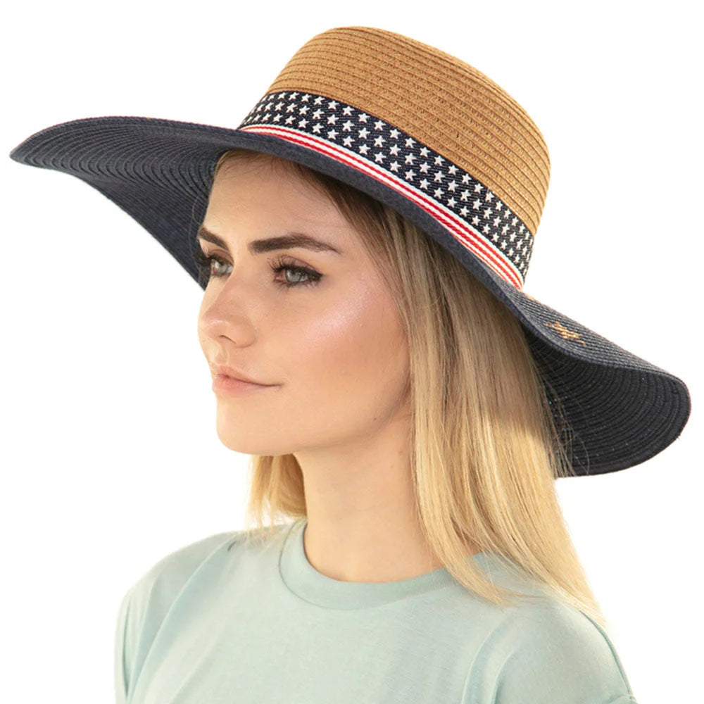 Wide-brimmed Star and Stripe natural fiber woven sun hat with patriotic band