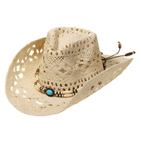 Cream straw braided beaded cowboy hat with turquoise beads and leather accents