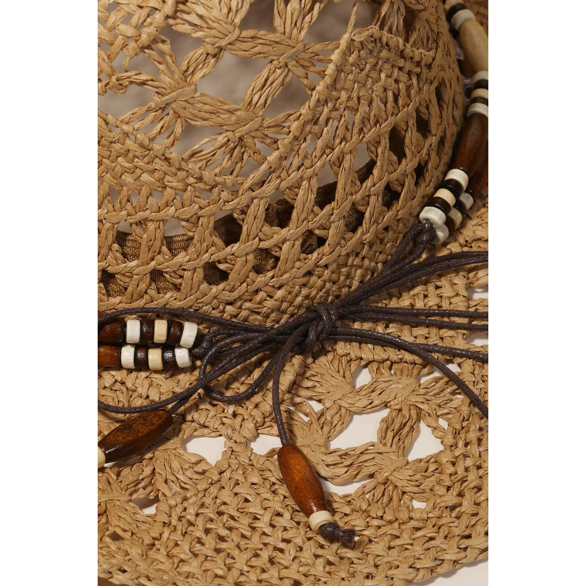 Woven straw braided beaded strap cowboy hat with black and white decorative band