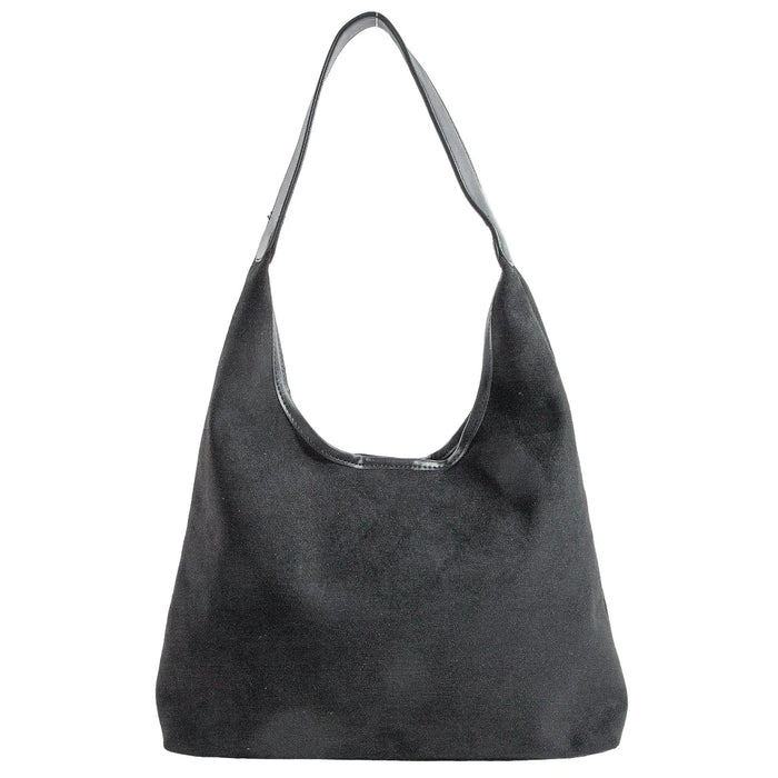 Suede Faux Leather Trim Hobo Bag - Black - Shoulder Bags