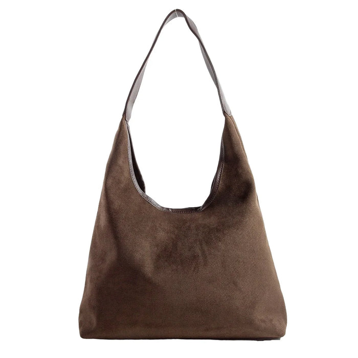 Suede Faux Leather Trim Hobo Bag - Dark Brown - Shoulder Bags