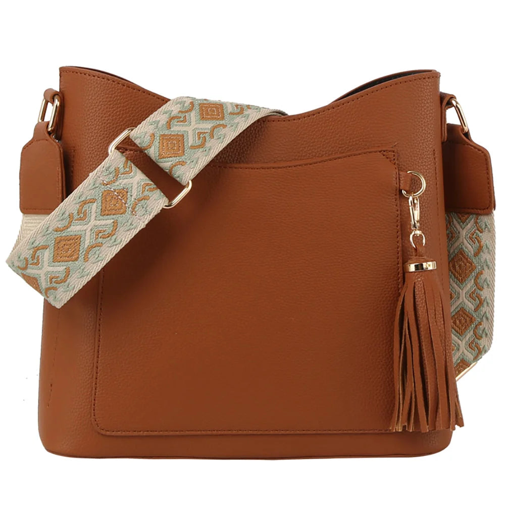 Tassel Front Pocket Crossbody Hobo Bag - Brown - Shoulder Bags