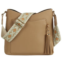 Tassel Front Pocket Crossbody Hobo Bag - Stone - Shoulder Bags