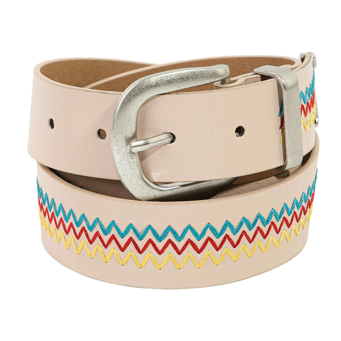 Triple Zigzag Embroidered Buckle Belt - Beige - Belt