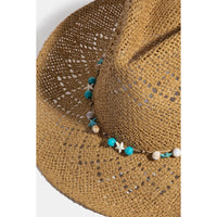 Woven straw sun hat with turquoise shell star beads and white beaded trim