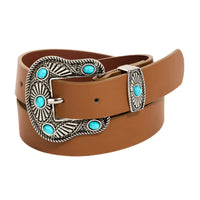 Brown leather belt featuring a turquoise stud buckle with a silver-toned western design