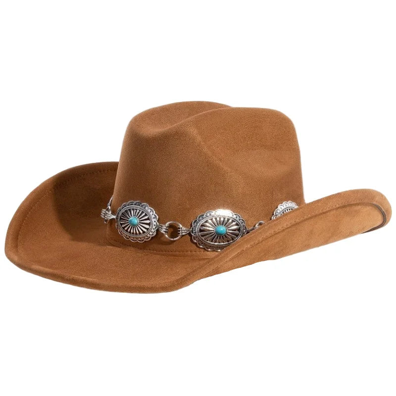 Turquoise Stud Concho Belt Western Cowboy Hat - Brown - FELT HAT