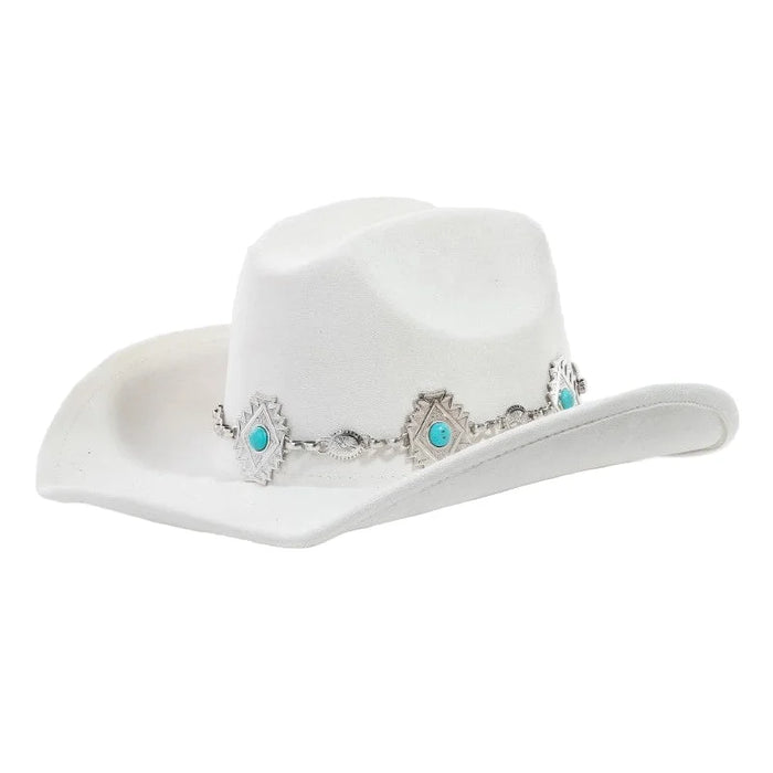 Turquoise Stud Concho Belt Western Cowboy Hat - Ivory - FELT HAT