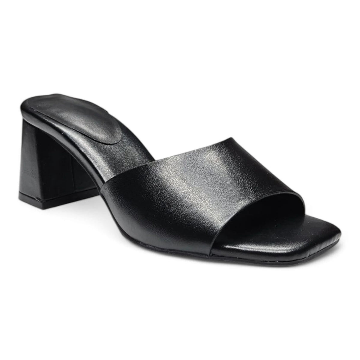 Black leather heeled mule from Vera Single Band Block Heel collection, stylish and versatile