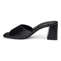 Black leather heeled mule from Vera Single Band Block Heel collection