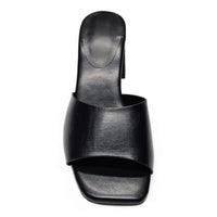 Black leather heeled mule featuring Vera Single Band design and stylish block heel