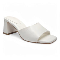 White leather heeled mule from Vera Single Band Block Heel collection for stylish comfort