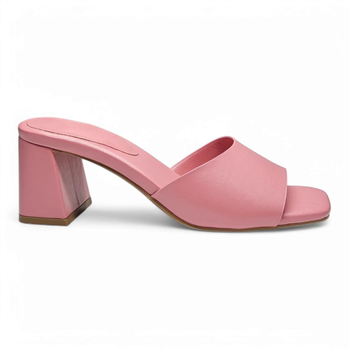 Pink leather heeled mule from Vera Single Band Block Heel collection showcasing style and comfort