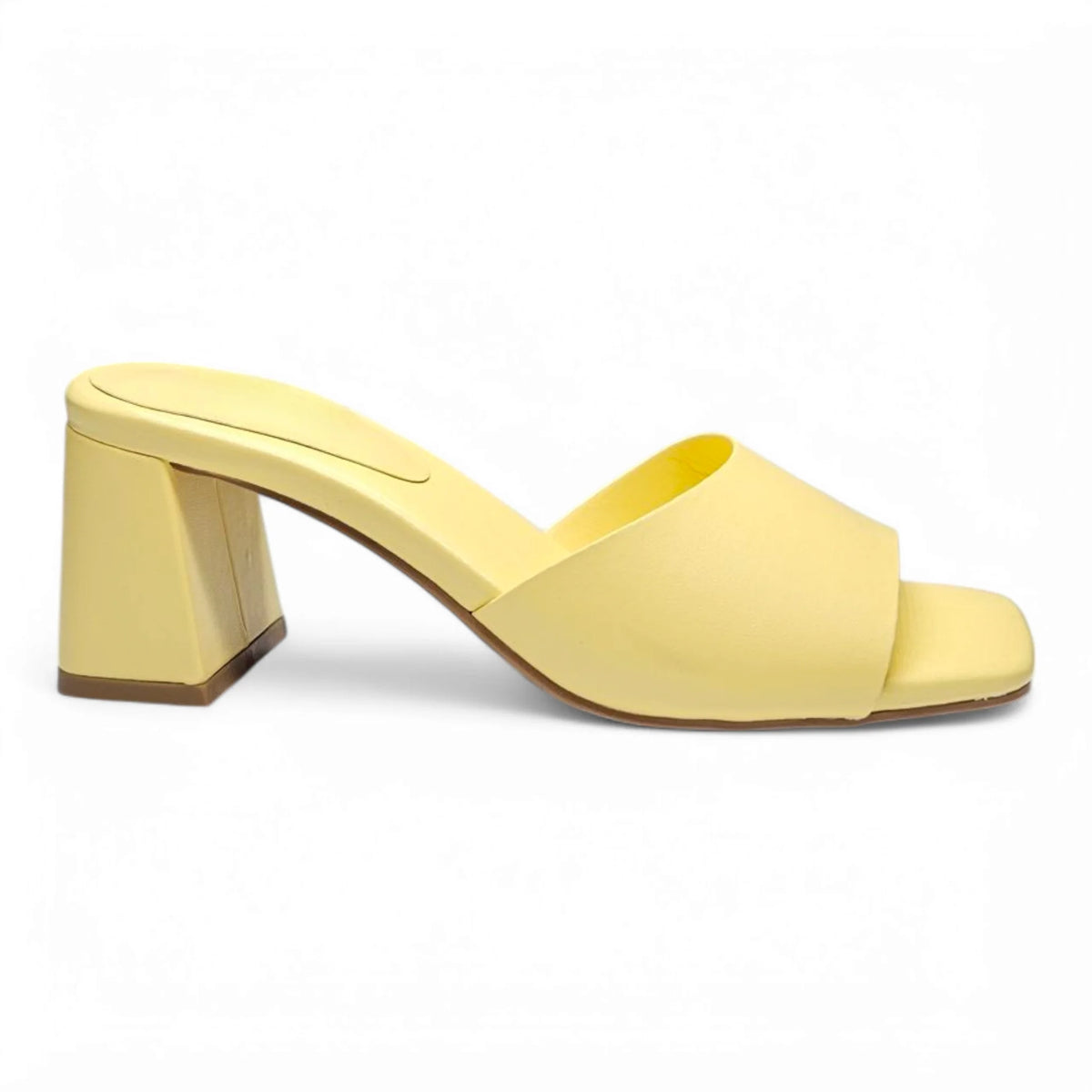 Yellow heeled mule featuring Vera Single Band Block design for stylish comfort