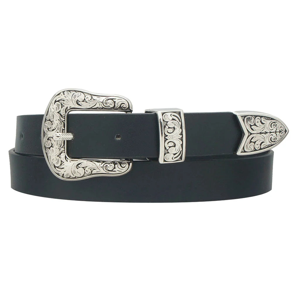 Vintage Swirl Embossed Western Buckle Belt - Black - Belt