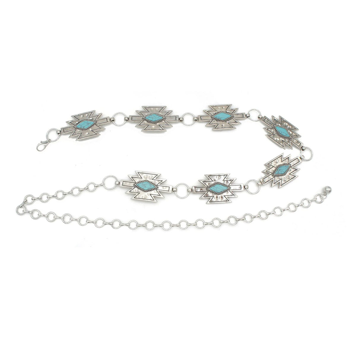 Silver chain belt with turquoise accents, Western Aztec Concho Stone Chain Belt style