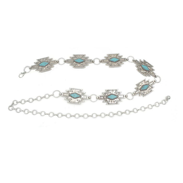 Silver chain belt with turquoise accents, Western Aztec Concho Stone Chain Belt style