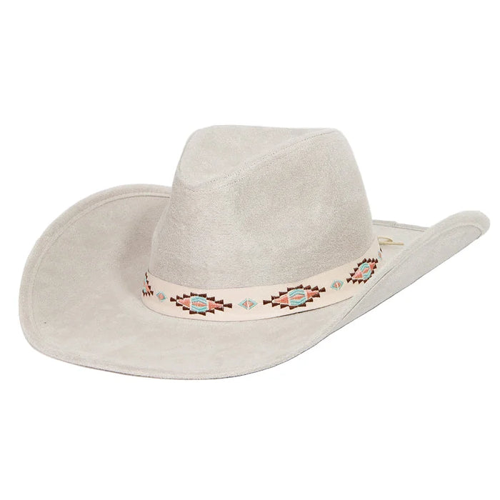 Western Boho Pattern Strap Cowboy Hat - Ivory - FELT HAT