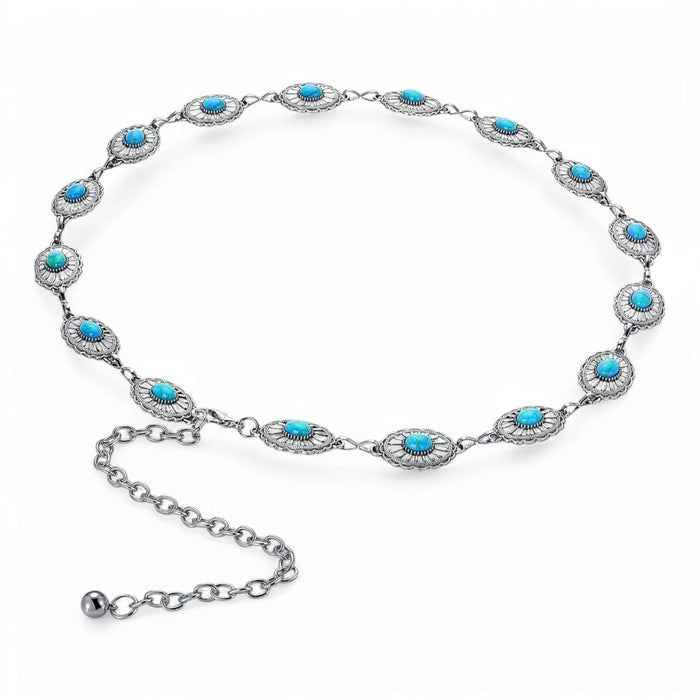 Silver-tone belt with turquoise accents, Western Style Turquoise Stone Metal Concho Chain Belt