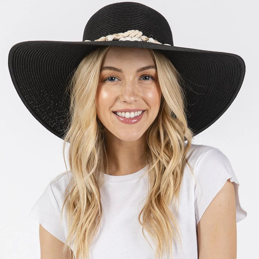 Black wide brim straw sun hat with Shell and Conch braided band for sun protection