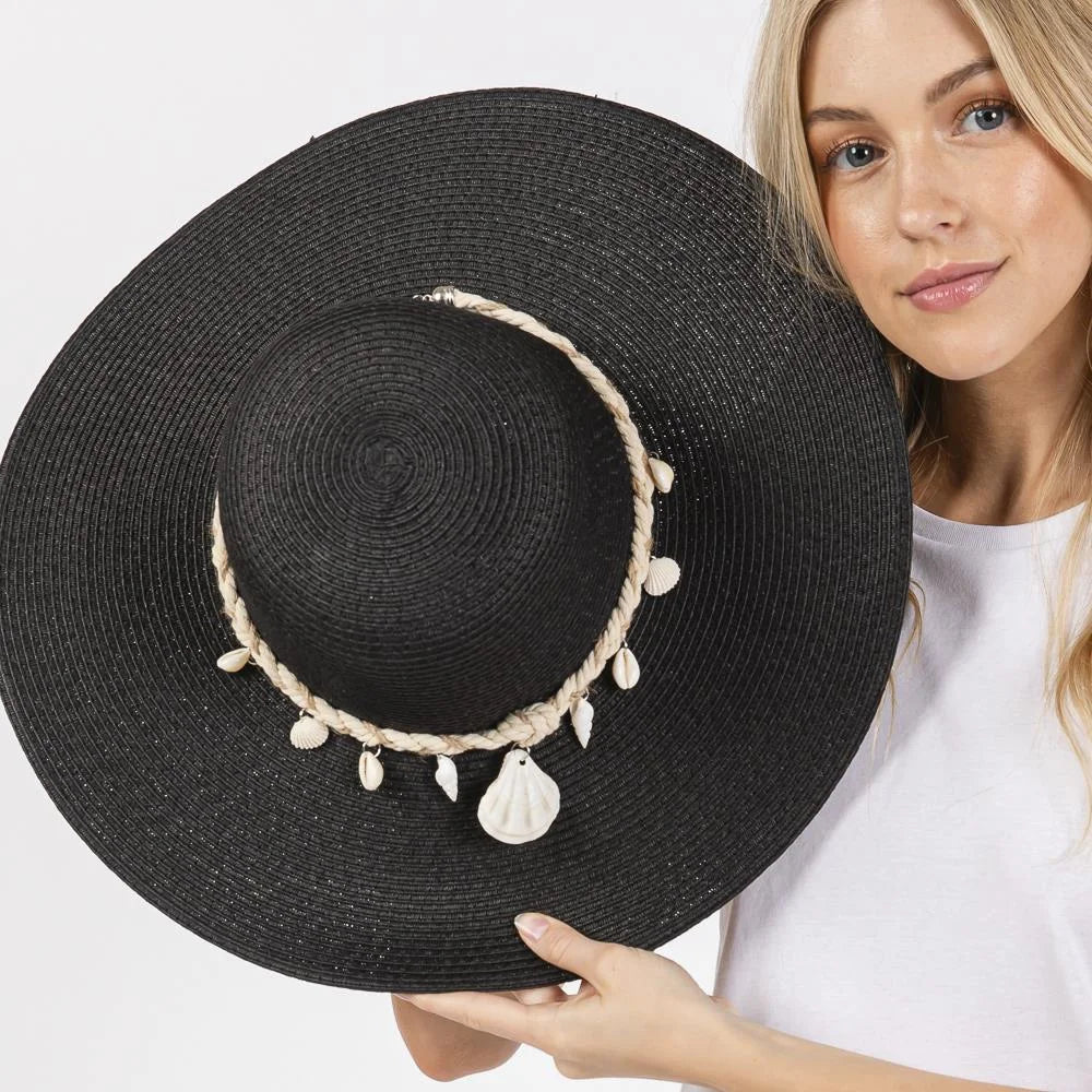 Black sun hat with seashell trim, wide brim straw sun hat with conch band