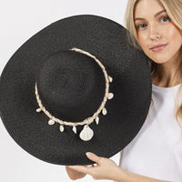 Black sun hat with seashell trim, wide brim straw sun hat with conch band