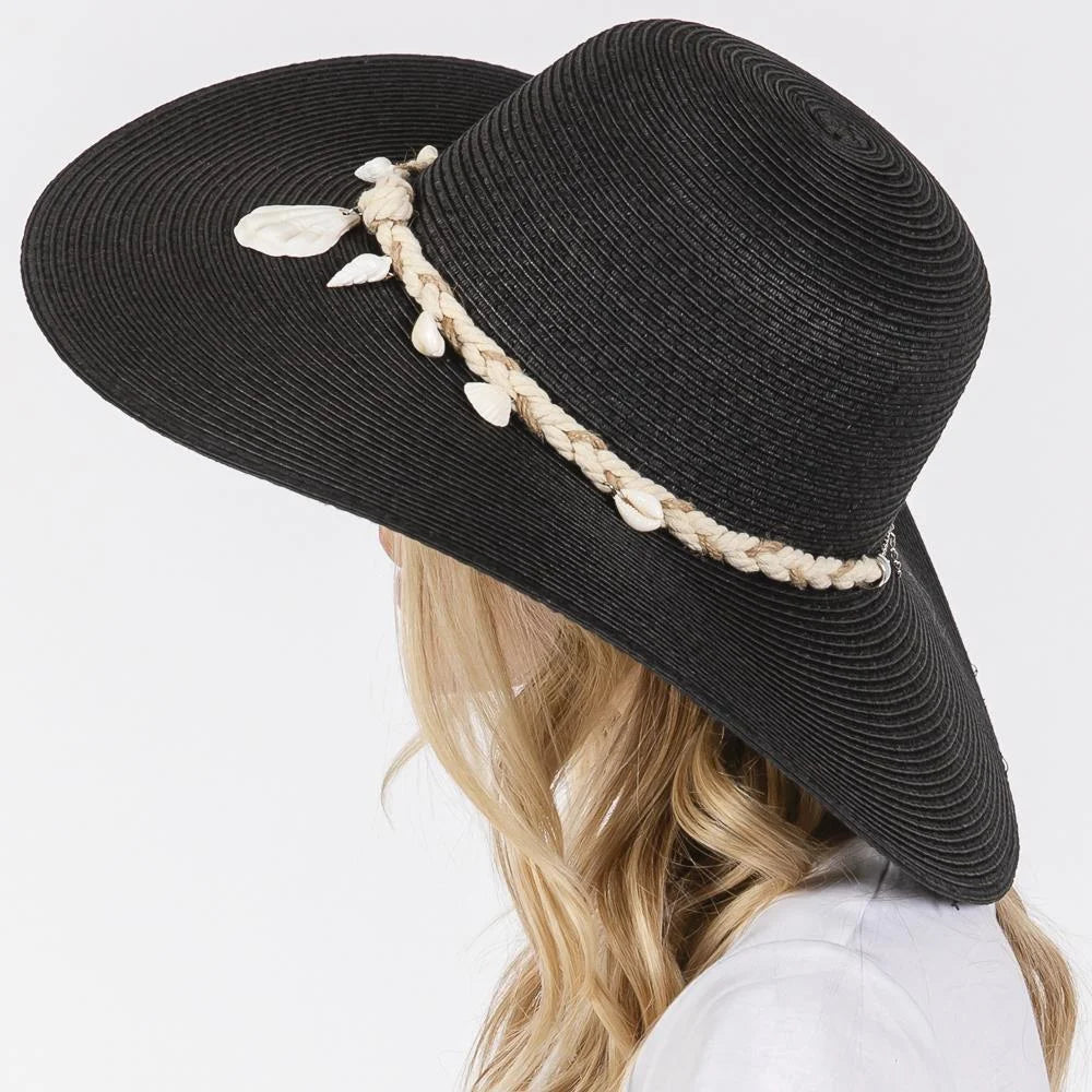 Black sun hat with seashell trim, wide brim straw sun hat, perfect for summer wear