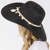 Black sun hat with seashell trim, wide brim straw sun hat, perfect for summer wear
