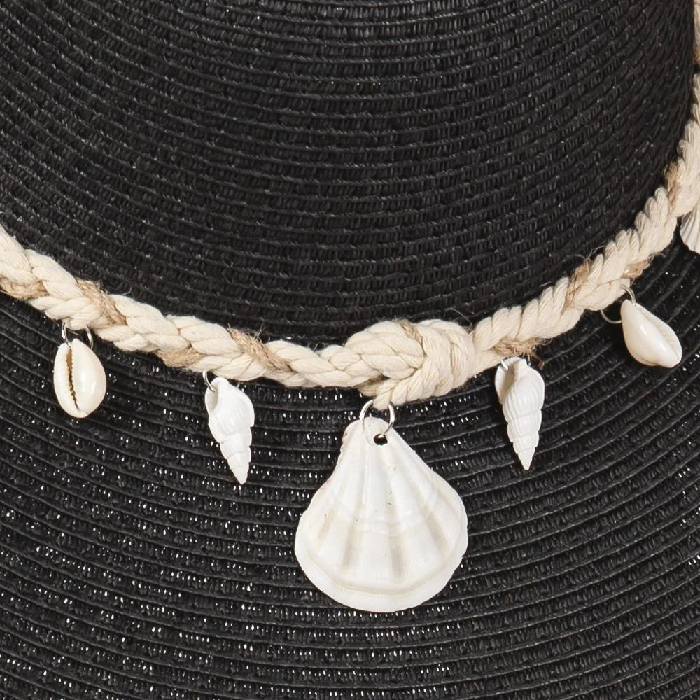 Black hat with seashell trim, wide brim straw sun hat, perfect for summer sunshine