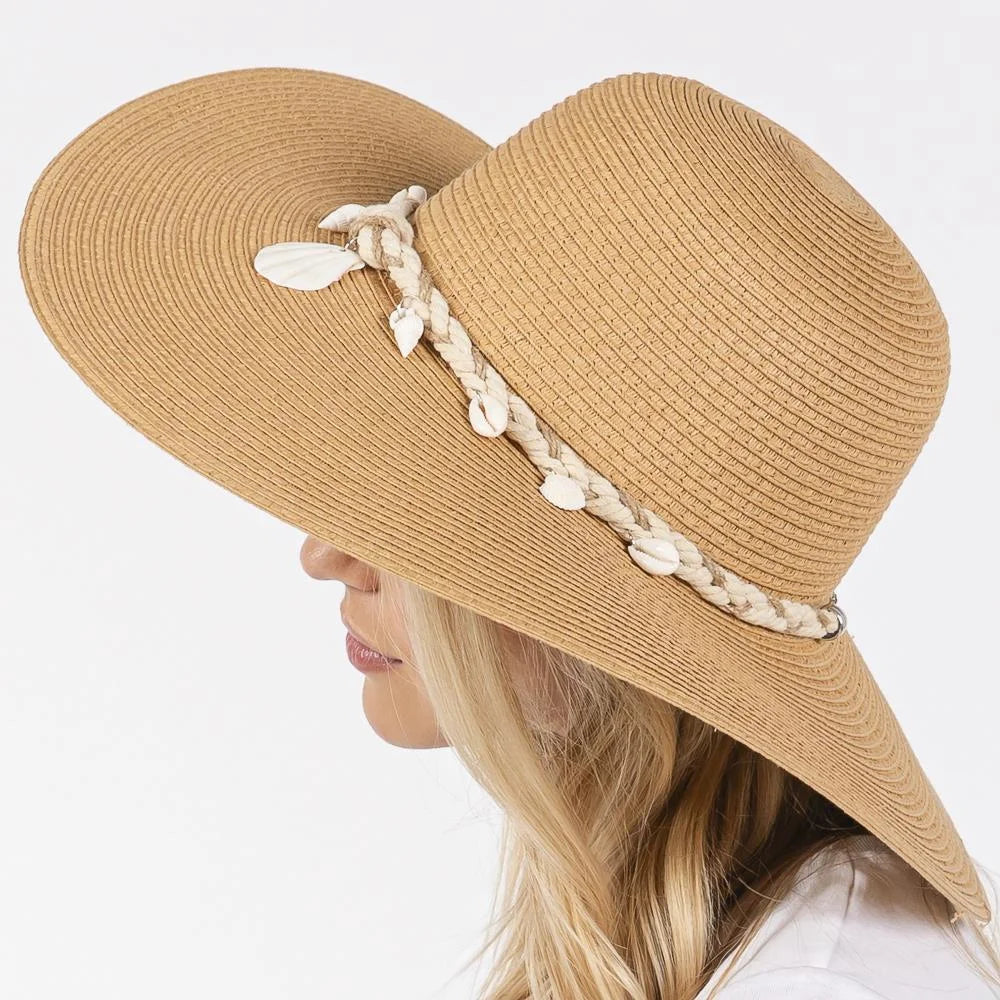 Wide brim straw sun hat with shell and conch braided band for stylish sun protection