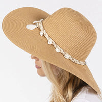 Wide brim straw sun hat with shell and conch braided band for stylish sun protection