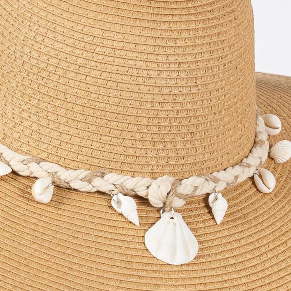 Wide brim straw sun hat with seashell trim and braided shell conch band