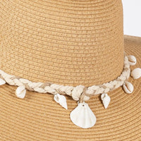 Wide brim straw sun hat with seashell trim and braided shell conch band