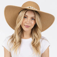 Wide brim straw sun hat with shell and conch braided band for stylish sun protection