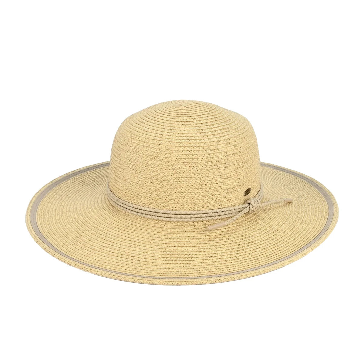 Wide Brim Sun Hat With Rope String Trim Band - Beige - STRAW HAT