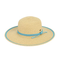 Wide Brim Sun Hat With Rope String Trim Band - Turquoise - STRAW HAT
