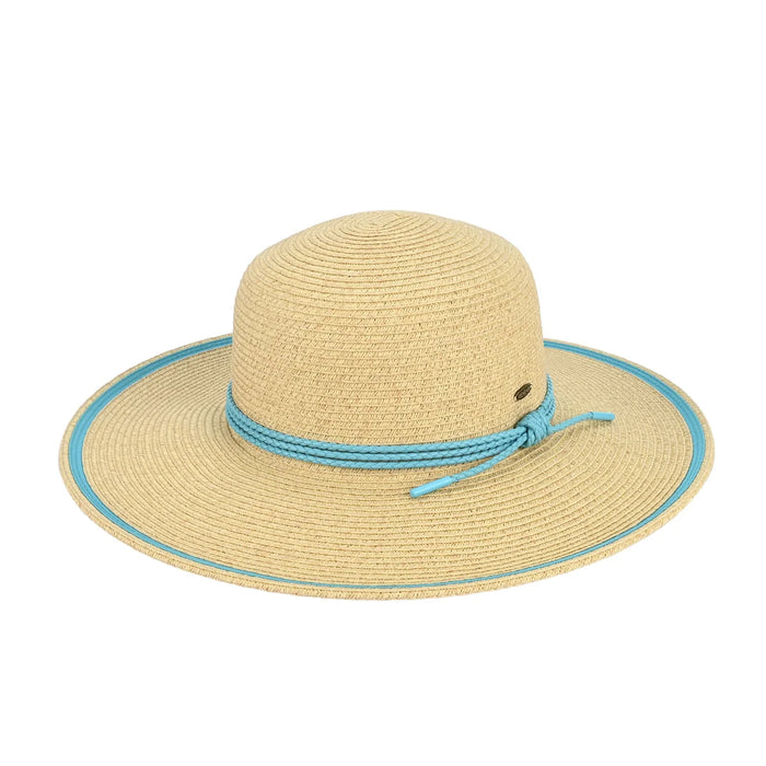 Wide Brim Sun Hat With Rope String Trim Band - Turquoise - STRAW HAT