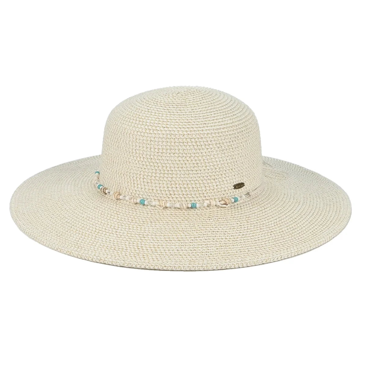 Wide Brim Sun Hat With Shell & Bead Trim Band - Cream - STRAW HAT