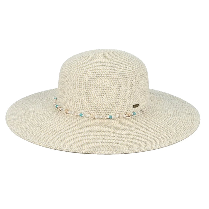 Wide Brim Sun Hat With Shell & Bead Trim Band - Cream - STRAW HAT