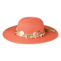 Wide Brim With Shell Trim Hat - Coral - STRAW HAT