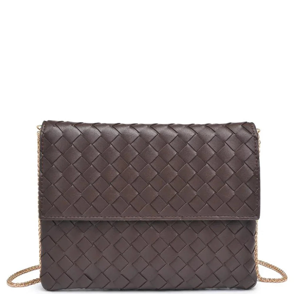 Brown vegan leather Woven Ivy Clutch Bag with woven design and detachable chain strap