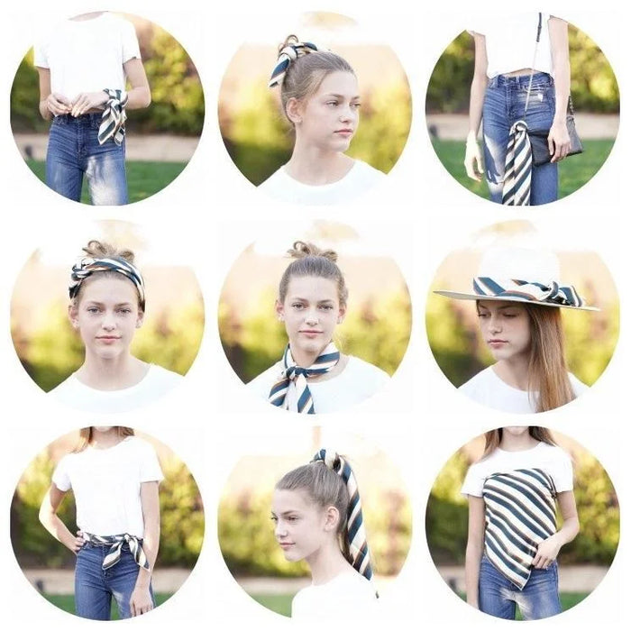 Girl showcasing nine stylish ways to wear the Zebra Silky Scarf with a striped design
