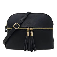 Black zip tassel multi-compartment crossbody bag with tassels for stylish convenience