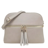 Beige Zip Tassel Multi-Compartment Crossbody Bag with Tassel Details