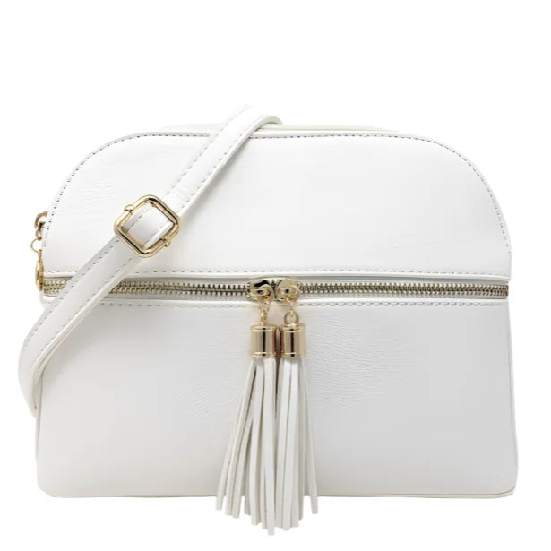 White zip tassel multi-compartment crossbody bag with tassels for stylish convenience